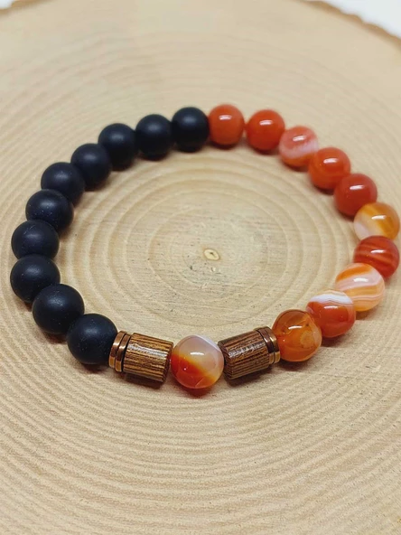 Karnelyan Akik & Oniks Taşı 8mm Unisex Tasarım Bileklik Hawaii Model (14235) - Resim 6