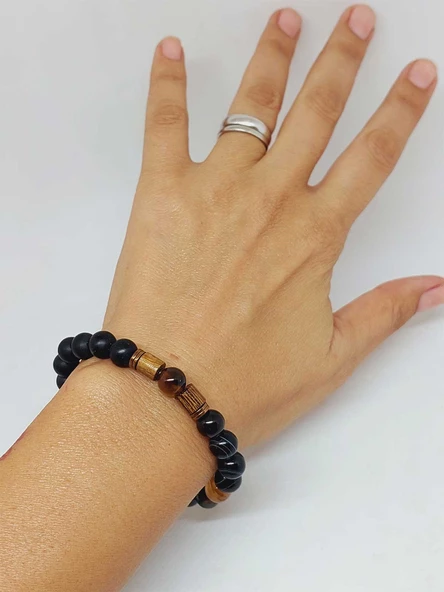 Siyah-Kahve Akik & Oniks Taşı 8mm Unisex Tasarım Bileklik Hawaii Model (4102) - 4