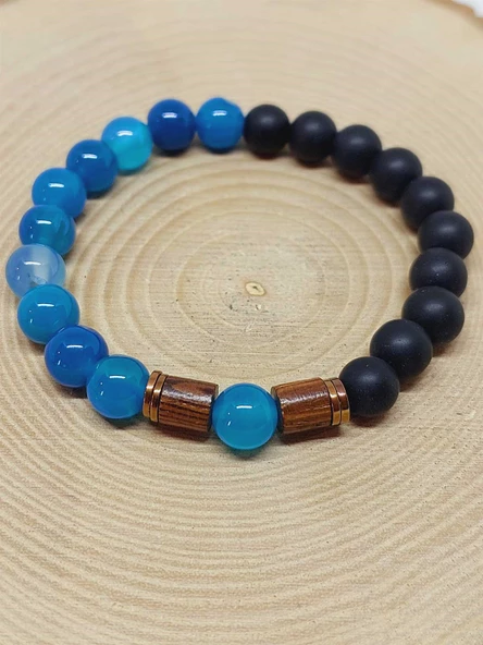 Mavi Akik & Oniks Taşı 8mm Unisex Tasarım Bileklik Hawaii Model (4001) - Resim 6