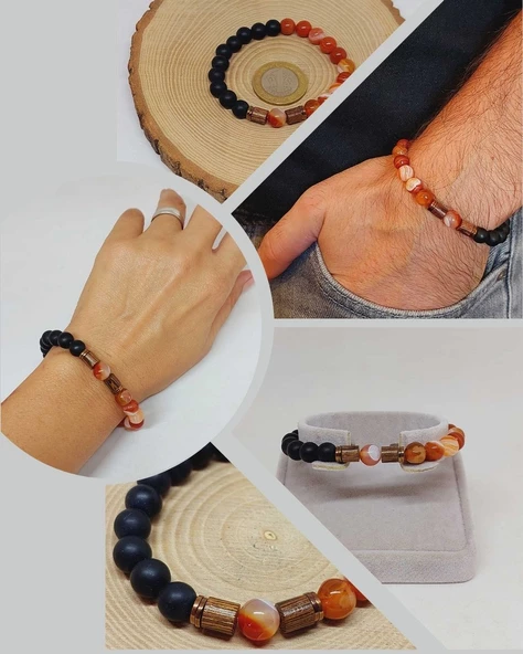 Karnelyan Akik & Oniks Taşı 8mm Unisex Tasarım Bileklik Hawaii Model (14235) ürün görseli