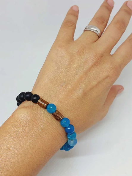Mavi Akik & Oniks Taşı 8mm Unisex Tasarım Bileklik Hawaii Model (4001) - Resim 4