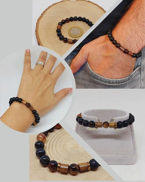 Siyah-Kahve Akik & Oniks Taşı 8mm Unisex Tasarım Bileklik Hawaii Model (4102)