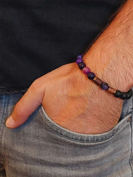 Mor Akik & Oniks Taşı 8mm Unisex Tasarım Bileklik Hawaii Model (7777) - Resim 3