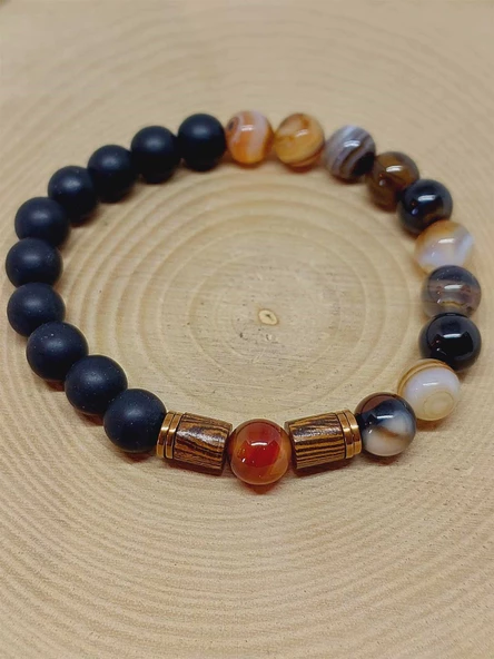 Siyah Alacalı Akik & Oniks Taşı 8mm Unisex Tasarım Bileklik Hawaii Model (3605) - Resim 6