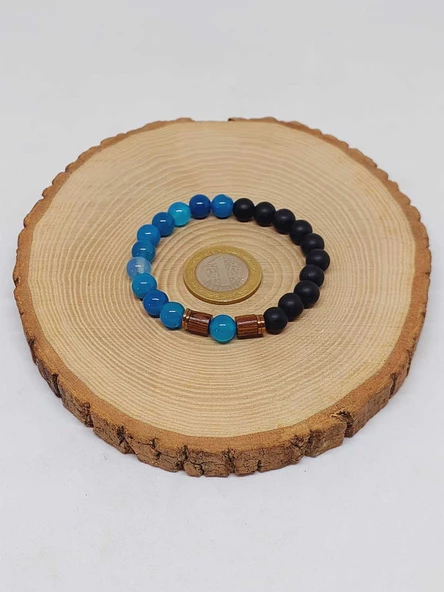 Mavi Akik & Oniks Taşı 8mm Unisex Tasarım Bileklik Hawaii Model (4001) - Resim 5