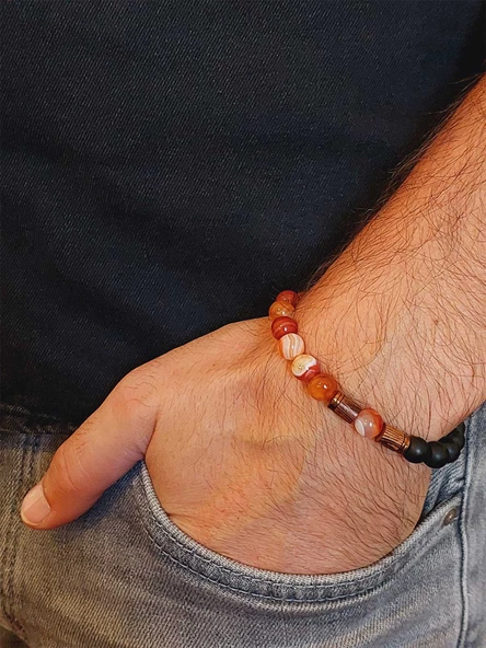 Karnelyan Akik & Oniks Taşı 8mm Unisex Tasarım Bileklik Hawaii Model (14235) - Resim 3