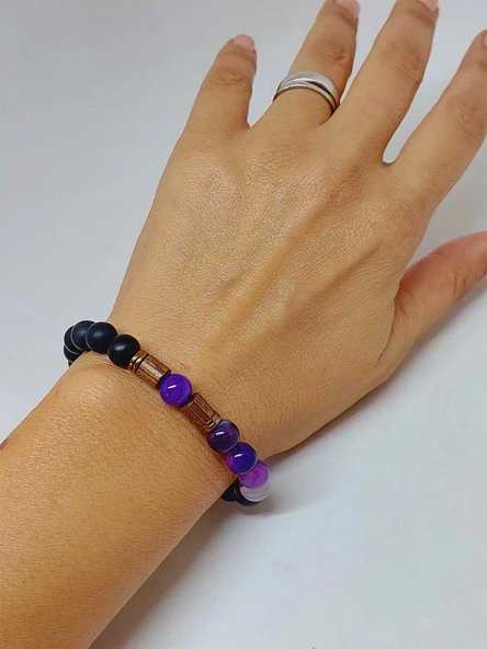 Mor Akik & Oniks Taşı 8mm Unisex Tasarım Bileklik Hawaii Model (7777) - Resim 4