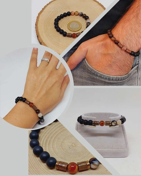 Siyah Alacalı Akik & Oniks Taşı 8mm Unisex Tasarım Bileklik Hawaii Model (3605) ürün görseli