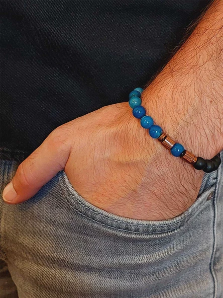 Mavi Akik & Oniks Taşı 8mm Unisex Tasarım Bileklik Hawaii Model (4001) - Resim 3