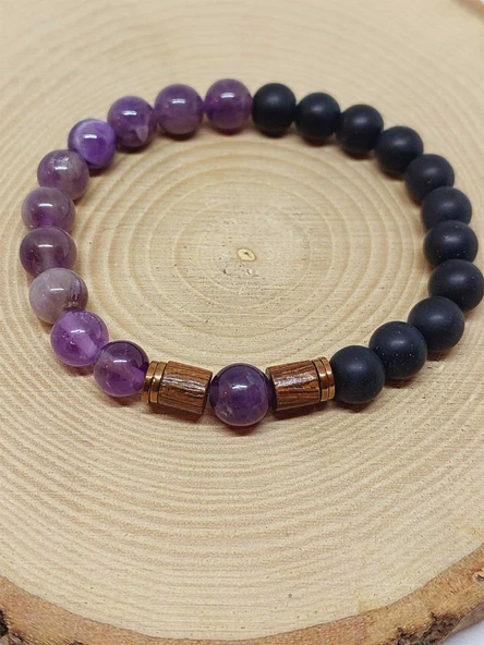 Ametist & Oniks Taşı 8mm Unisex Tasarım Bileklik Hawaii Model (8968) - Resim 6