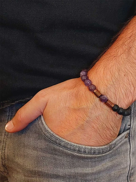 Ametist & Oniks Taşı 8mm Unisex Tasarım Bileklik Hawaii Model (8968) - Resim 3