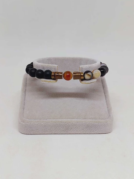 Siyah Alacalı Akik & Oniks Taşı 8mm Unisex Tasarım Bileklik Hawaii Model (3605) - Resim 2