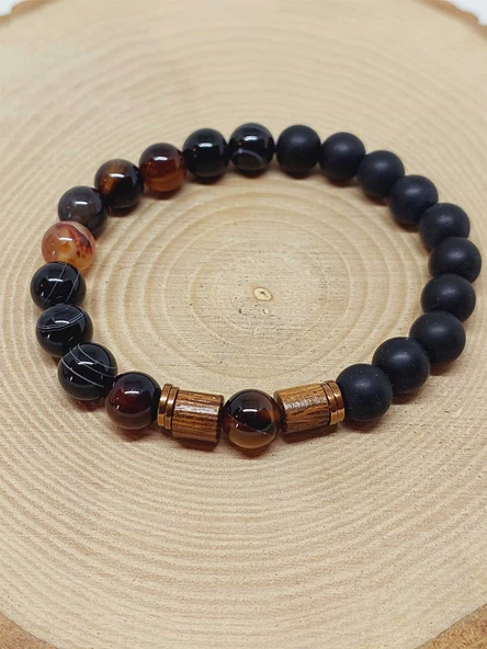 Siyah-Kahve Akik & Oniks Taşı 8mm Unisex Tasarım Bileklik Hawaii Model (4102) - 6