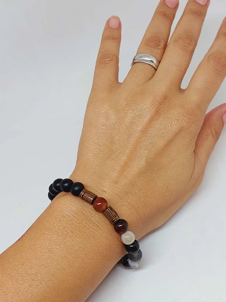 Siyah Alacalı Akik & Oniks Taşı 8mm Unisex Tasarım Bileklik Hawaii Model (3605) - Resim 4