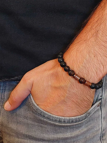 Siyah-Kahve Akik & Oniks Taşı 8mm Unisex Tasarım Bileklik Hawaii Model (4102) - 3