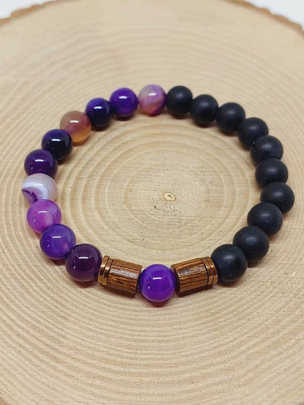 Mor Akik & Oniks Taşı 8mm Unisex Tasarım Bileklik Hawaii Model (7777) - Resim 6