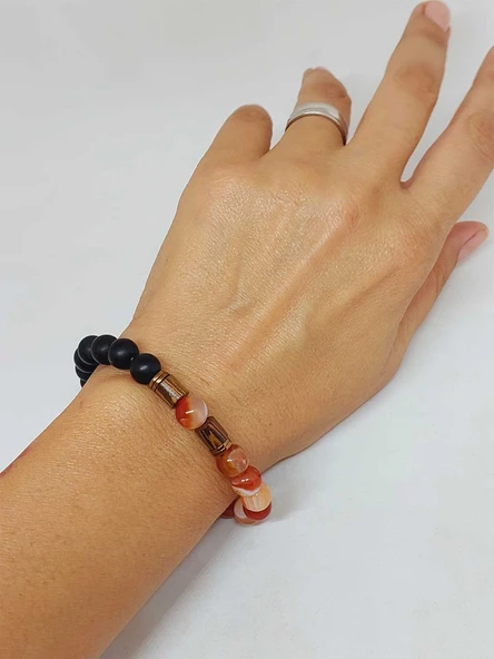 Karnelyan Akik & Oniks Taşı 8mm Unisex Tasarım Bileklik Hawaii Model (14235) - Resim 4