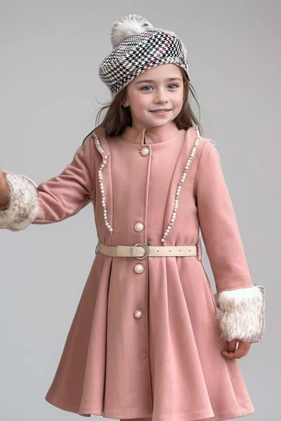 Kız Çocuk Kazayağı Desen Elbise Kolları Peluş ve Omuzları İnci İşleme Kemerli Pembe Kaşe Kaban - 8
