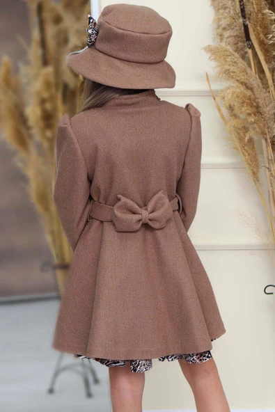 Kız Çocuk Leopar Desen Elbise Taş İşleme Yaka Boydan Düğme ve Kemer Detaylı Kahverengi Kaşe Kaban - 7