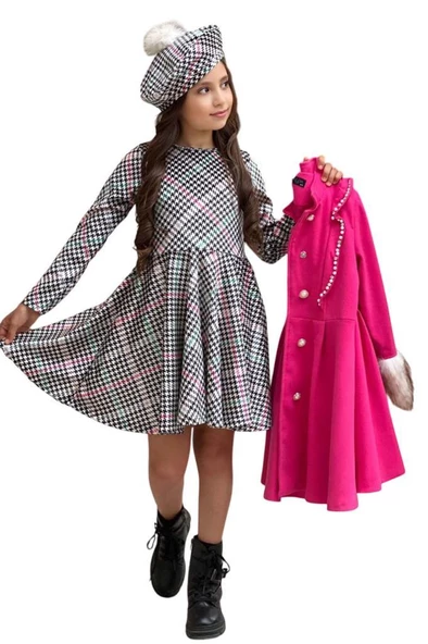 Kız Çocuk Kazayağı Desen Elbise Kolları Peluş ve Omuzları İnci İşleme Kemerli Fuşya Kaşe Kaban - 2