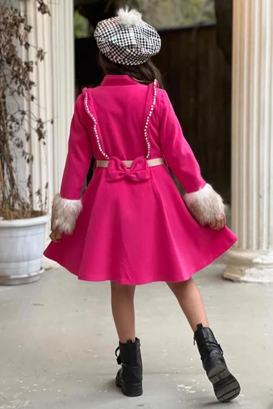 Kız Çocuk Kazayağı Desen Elbise Kolları Peluş ve Omuzları İnci İşleme Kemerli Fuşya Kaşe Kaban - 6