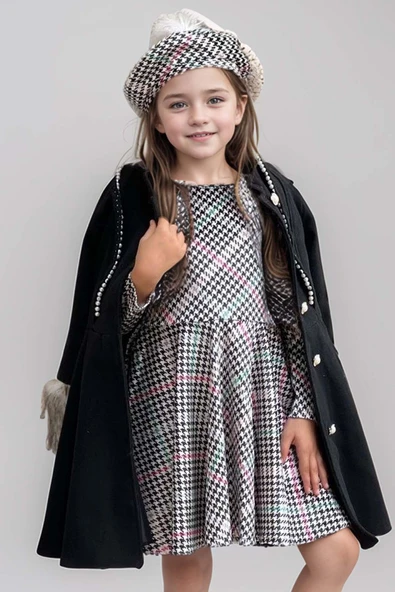 Kız Çocuk Kazayağı Desen Elbise Kolları Peluş ve Omuzları İnci İşleme Kemerli Siyah Kaşe Kaban - 8