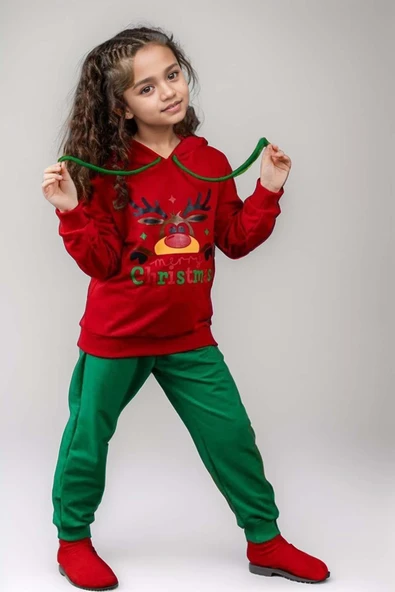 Kız Erkek Merry Christmas ve Geyik Baskılı Yeni Yıl Kırmızı Eşofman Takım - Resim 5