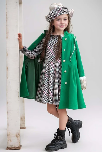 Kız Çocuk Kazayağı Desen Elbise Kolları Peluş ve Omuzları İnci İşleme Kemerli Yeşil Kaşe Kaban - 4