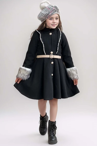 Kız Çocuk Kazayağı Desen Elbise Kolları Peluş ve Omuzları İnci İşleme Kemerli Siyah Kaşe Kaban - 5