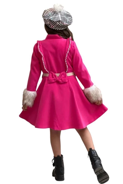 Kız Çocuk Kazayağı Desen Elbise Kolları Peluş ve Omuzları İnci İşleme Kemerli Fuşya Kaşe Kaban - 3