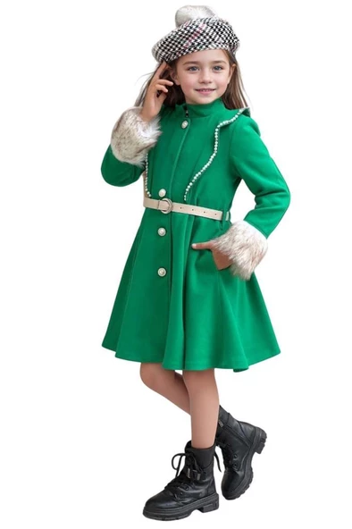 Kız Çocuk Kazayağı Desen Elbise Kolları Peluş ve Omuzları İnci İşleme Kemerli Yeşil Kaşe Kaban