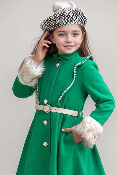 Kız Çocuk Kazayağı Desen Elbise Kolları Peluş ve Omuzları İnci İşleme Kemerli Yeşil Kaşe Kaban - 9