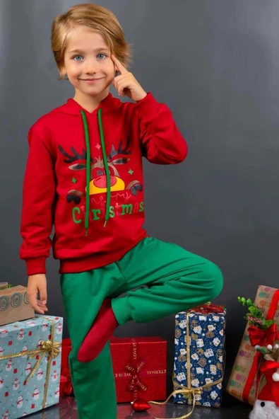 Kız Erkek Merry Christmas ve Geyik Baskılı Yeni Yıl Kırmızı Eşofman Takım - Resim 4