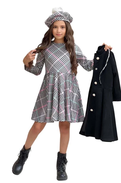 Kız Çocuk Kazayağı Desen Elbise Kolları Peluş ve Omuzları İnci İşleme Kemerli Siyah Kaşe Kaban - 2