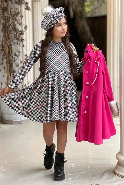 Kız Çocuk Kazayağı Desen Elbise Kolları Peluş ve Omuzları İnci İşleme Kemerli Fuşya Kaşe Kaban - 5