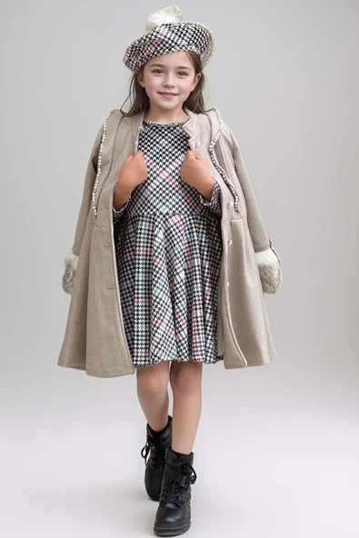 Kız Çocuk Kazayağı Desen Elbise Kolları Peluş ve Omuzları İnci İşleme Kemerli Fildişi Kaşe Kaban - 4