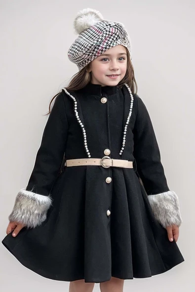 Kız Çocuk Kazayağı Desen Elbise Kolları Peluş ve Omuzları İnci İşleme Kemerli Siyah Kaşe Kaban - 9