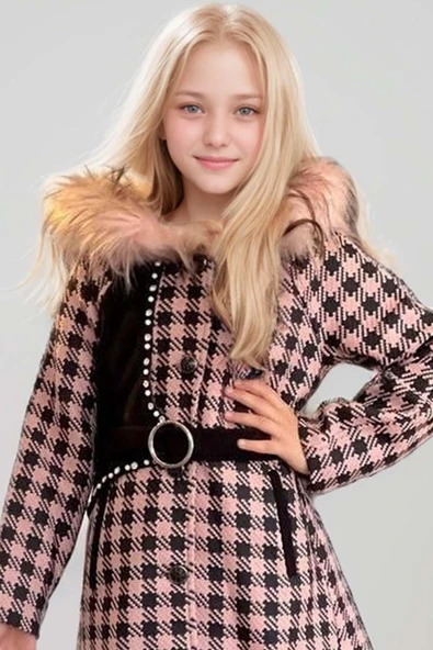 Kız Çocuk Kapüşonlu Peluş Detaylı Kare Desenli Pembe Kaban - Resim 5