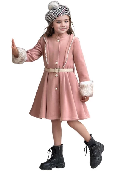 Kız Çocuk Kazayağı Desen Elbise Kolları Peluş ve Omuzları İnci İşleme Kemerli Pembe Kaşe Kaban - 2
