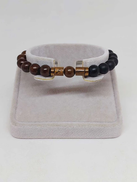 Ceviz Ağacı & Oniks Taşı 8mm Unisex Tasarım Bileklik Hawaii Model (5125) - Resim 2