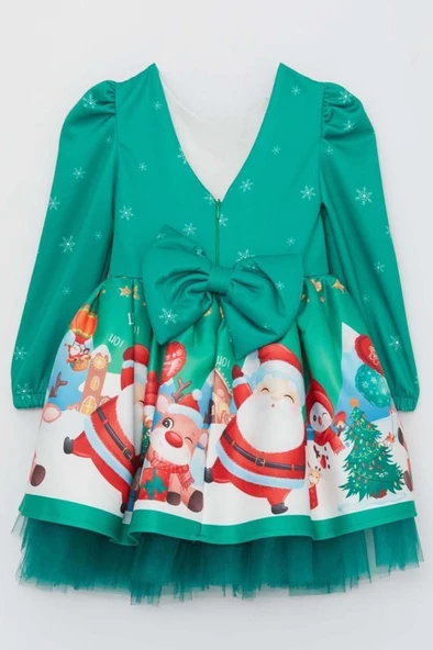 Kız Çocuk Merry Christmas ve Geyik Baskılı Yeni Yıl Yeşil Elbise - Resim 3