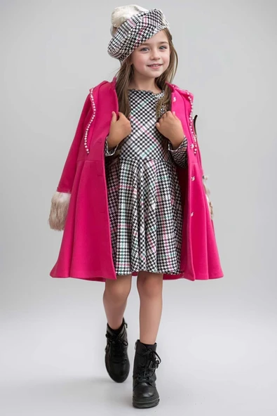 Kız Çocuk Kazayağı Desen Elbise Kolları Peluş ve Omuzları İnci İşleme Kemerli Fuşya Kaşe Kaban - 4
