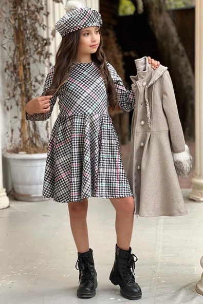 Kız Çocuk Kazayağı Desen Elbise Kolları Peluş ve Omuzları İnci İşleme Kemerli Fildişi Kaşe Kaban - 7