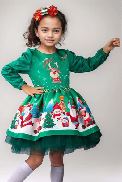 Kız Çocuk Merry Christmas ve Geyik Baskılı Yeni Yıl Yeşil Elbise ürün görseli