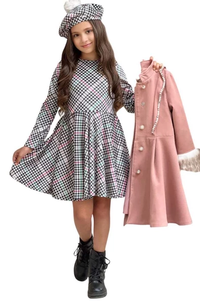 Kız Çocuk Kazayağı Desen Elbise Kolları Peluş ve Omuzları İnci İşleme Kemerli Pembe Kaşe Kaban - 3