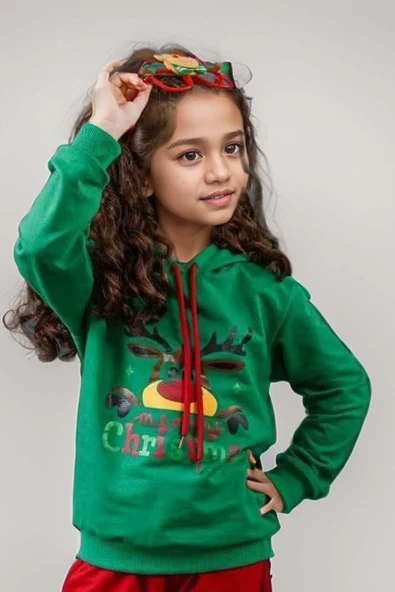 Kız Erkek Merry Christmas ve Geyik Baskılı Yeni Yıl Yeşil Eşofman Takım - Resim 2