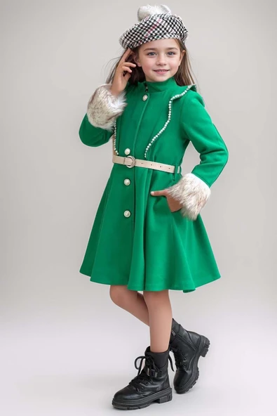 Kız Çocuk Kazayağı Desen Elbise Kolları Peluş ve Omuzları İnci İşleme Kemerli Yeşil Kaşe Kaban - 5