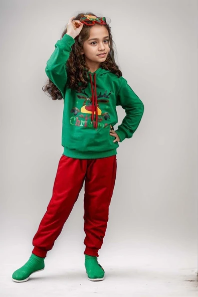 Kız Erkek Merry Christmas ve Geyik Baskılı Yeni Yıl Yeşil Eşofman Takım ürün görseli