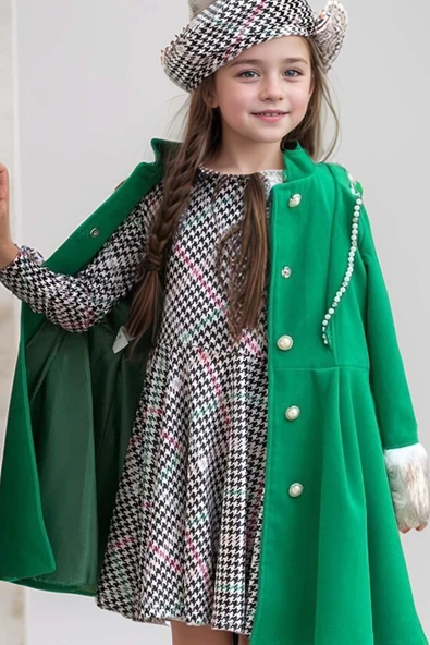 Kız Çocuk Kazayağı Desen Elbise Kolları Peluş ve Omuzları İnci İşleme Kemerli Yeşil Kaşe Kaban - 8