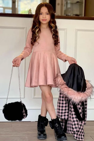 Kız Çocuk Kapüşonlu Peluş Detaylı Kare Desenli Pembe Kaban - Resim 2